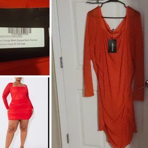 Plus size red square neck dress with mesh sleeves